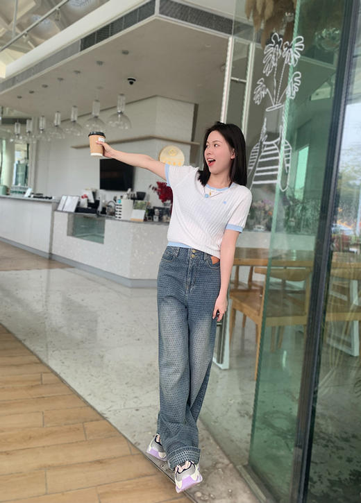 圆领撞色边挂珠针织短袖衫 9522040017 商品图2