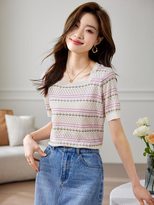 【专属特价】熙世界甜美风方领条纹针织衫女短袖薄款套头冰丝上衣2025夏新款 商品图2