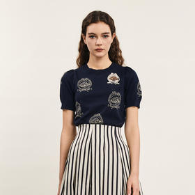 谜底套头针织衫短袖女2024夏季新品复古文艺风提花上衣242MZ0856