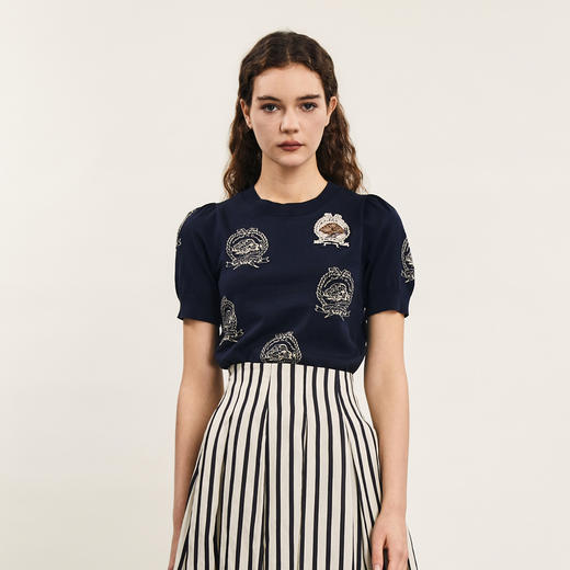 谜底套头针织衫短袖女2024夏季新品复古文艺风提花上衣242MZ0856 商品图0