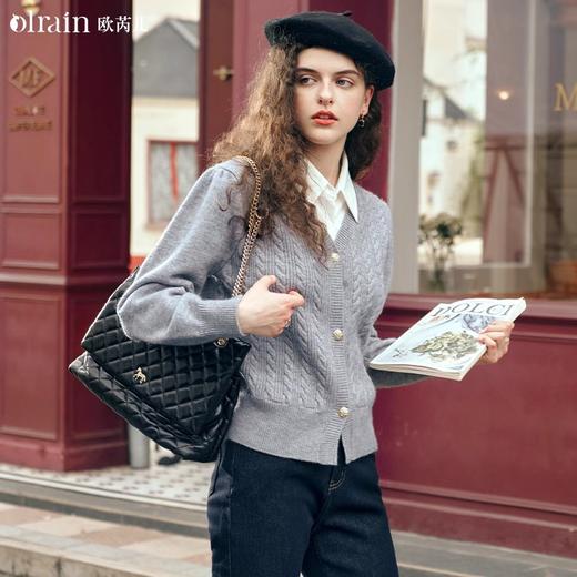 OLrain欧芮儿灰色V领毛衣女早春2024年新款学院风假两件针织开衫 商品图0