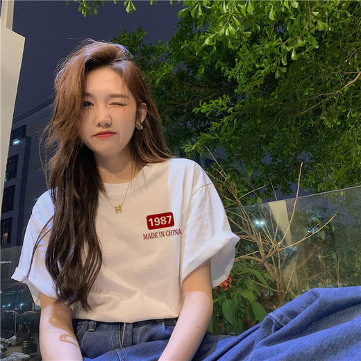 【捡漏！59.9两件任选】宽松白色T恤女装纯棉短袖夏季甜美港风chic复古印花半袖正肩上衣-QQ 商品图1