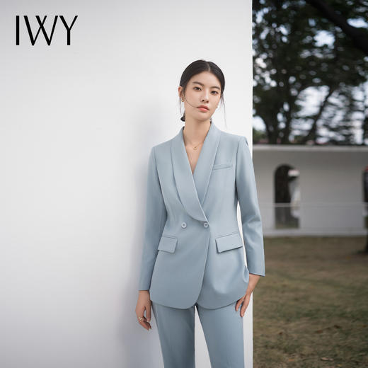IWY/宽松西服外套雾霾蓝色西装套装长款休闲高级设计感通勤微喇裤C14228+P34228 商品图3