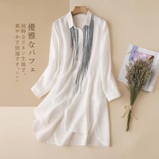雀说 棉麻中长上衣印花衬衫女春秋立领宽松白色衬衣开叉亚麻外披4ZF-31805 商品图6