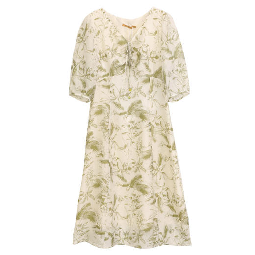 玳莎系带抽褶V领连衣裙2024年夏季新款显瘦印花五分袖中长款裙子  EB35201 商品图4