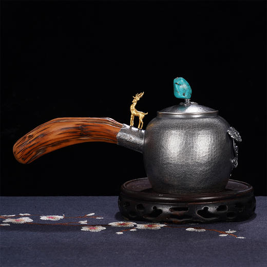 子佩集S999银+崖柏【仙鹿如意】小茶壶摆件【TG0012】2403 商品图4