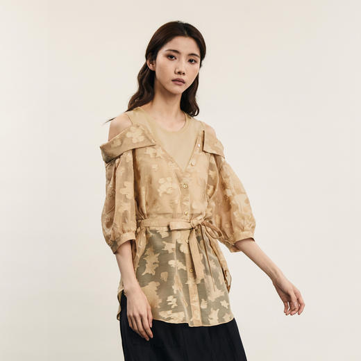谜底假两件露肩衬衫分袖女2024年夏新品优雅中长款衬衫242MC0611 商品图1