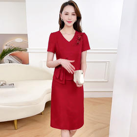 HRXYKL-DN8922-L24年夏款中长款印花通勤时尚连衣裙假两件短袖修身洋气优雅A字裙