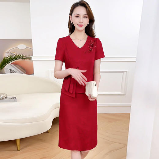 HRXYKL-DN8922-L24年夏款中长款印花通勤时尚连衣裙假两件短袖修身洋气优雅A字裙 商品图0