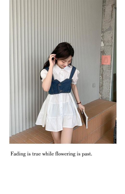 【G商品推广】夏季甜辣风牛仔吊带泡泡袖衬衣套装 商品图5