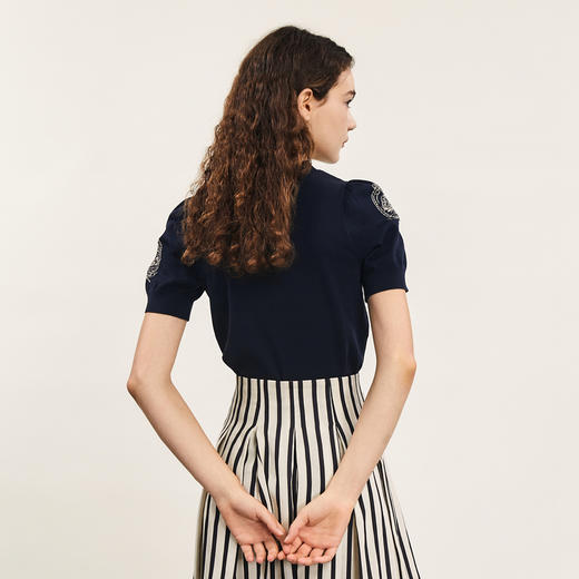 谜底套头针织衫短袖女2024夏季新品复古文艺风提花上衣242MZ0856 商品图2