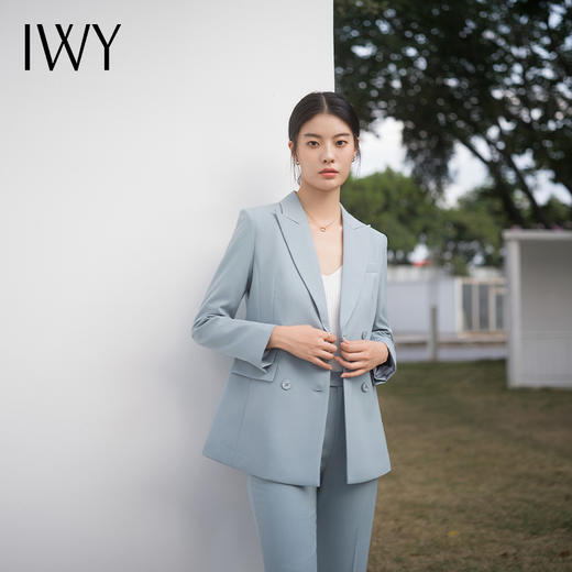 IWY/新款春季雾霾蓝色西装套装长袖宽松版长款西服外套两件套通勤C14229+P34229 商品图3