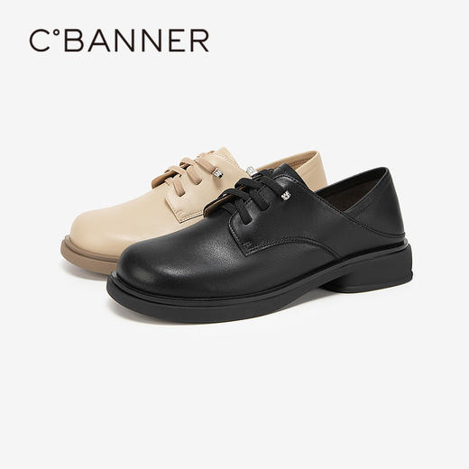 千百度低跟真皮牛津鞋春季软面小皮鞋女黑色系带单鞋两穿A24183906 商品图1