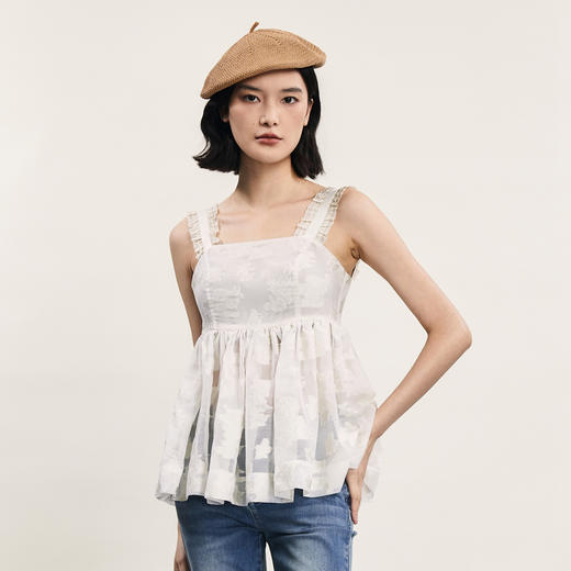 谜底提花吊带上衣女2024年夏新品复古风气质优雅荷叶边242MS0633 商品图0