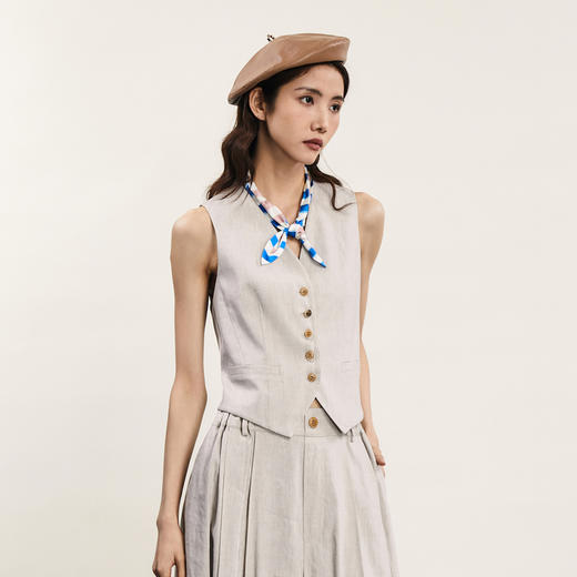 谜底短款马甲女士2024年夏新品复古风V领无袖上衣配丝巾242MM0552 商品图1