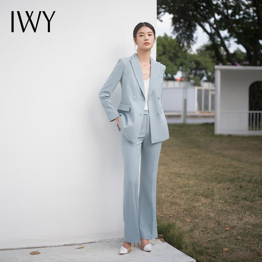 IWY/新款春季雾霾蓝色西装套装长袖宽松版长款西服外套两件套通勤C14229+P34229 商品图0