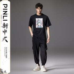 PINLI品立新中式2024夏季新款男士烫钻京剧国潮印花圆领短袖T恤BG242111016