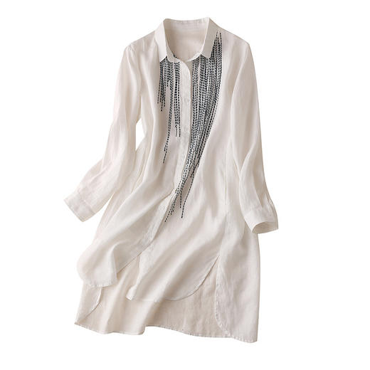 雀说 棉麻中长上衣印花衬衫女春秋立领宽松白色衬衣开叉亚麻外披4ZF-31805 商品图4