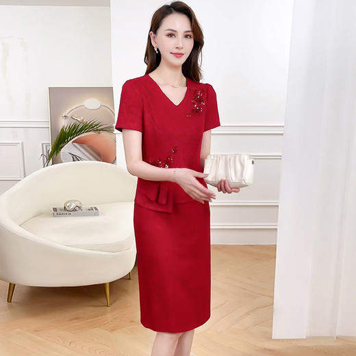 HRXYKL-DN8922-L24年夏款中长款印花通勤时尚连衣裙假两件短袖修身洋气优雅A字裙 商品图2