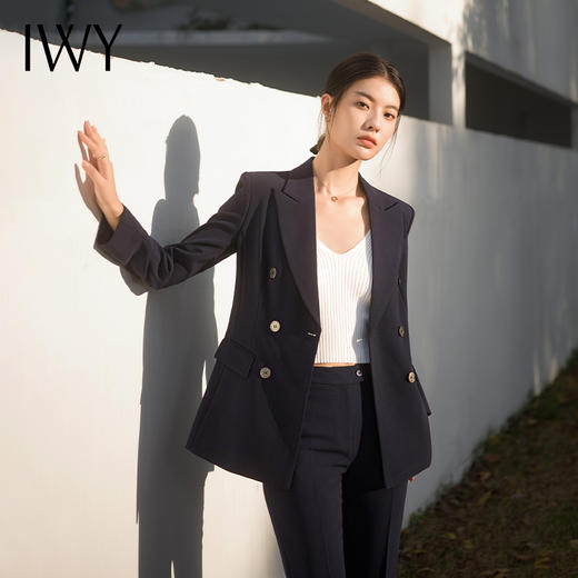 IWY/春季新款藏青色西装套装修身微喇裤职场商务干练修身高级西服C13102+P31356 商品图3