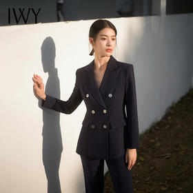 IWY/春季新款藏青色西装套装修身微喇裤职场商务干练修身高级西服C13102+P31356