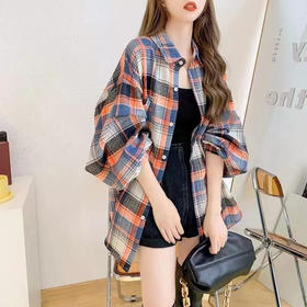 百媚生 宽松磨毛格子长袖衬衫女休闲上衣MN26