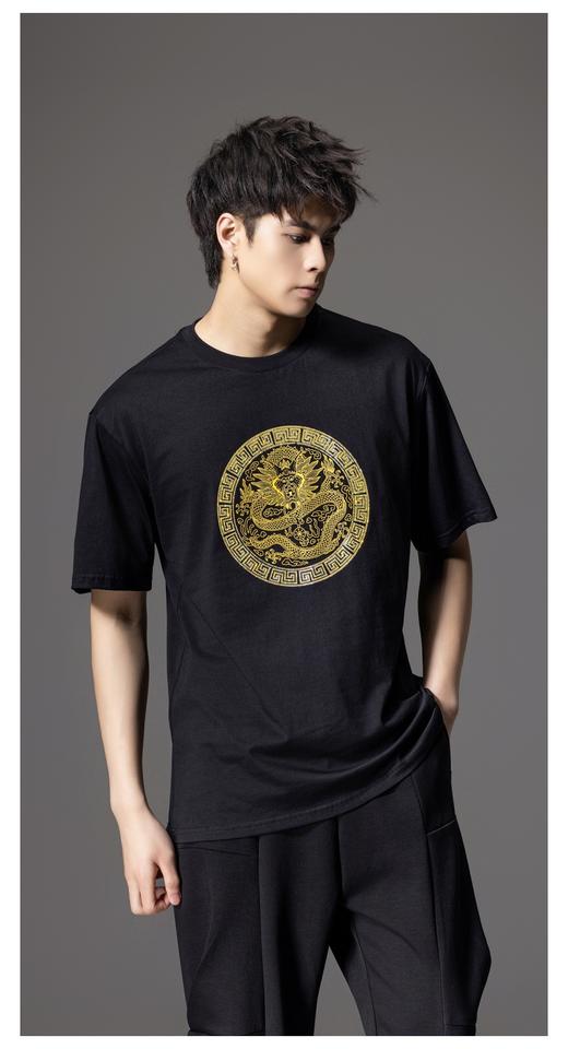 PINLI品立新中式2024夏季新款盘龙印花烫钻短袖T恤男国潮圆领上衣BG242111015 商品图5