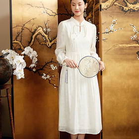 玳莎新中式立领连衣裙女2024夏季新款收腰显瘦优雅提花中长款裙子  EB35301