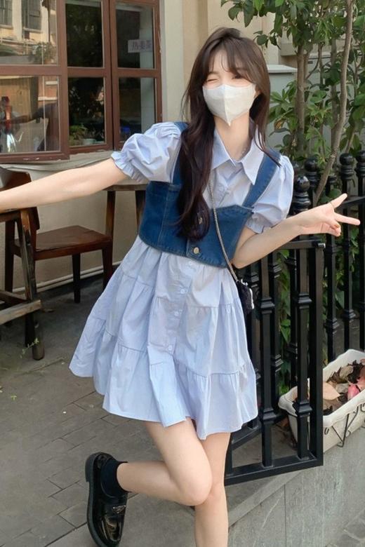 【G商品推广】夏季甜辣风牛仔吊带泡泡袖衬衣套装 商品图2