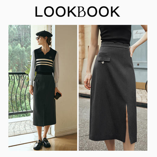 OLrain欧芮儿灰色半身裙女初春2024年新款高腰中长款直筒开叉裙子 商品图4