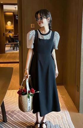 【H商品推广】条纹T恤背带裙两件套