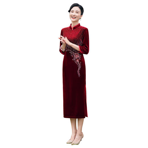 2024春新款礼服裙烫钻钉珠金丝绒琵琶襟旗袍 商品图4