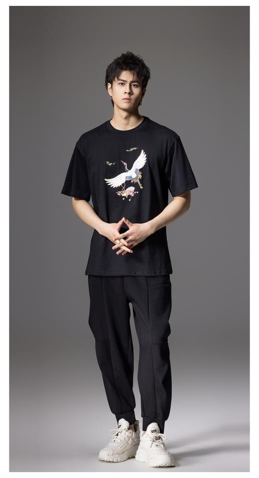 PINLI品立新中式2024夏季新款男仙鹤祥云烫钻短袖T恤BG242111024 商品图8