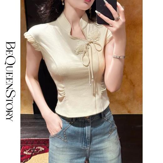 BeQueenStory【倾颜古韵】新中式气质立领重工艺绣花盘扣小飞袖上衣 商品图3