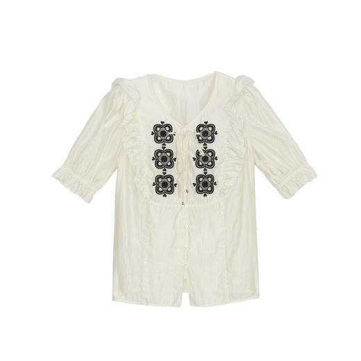 谜底绣花上衣短袖女2024年夏新品复古宫廷风木耳边衬衣242MS0603 商品图4