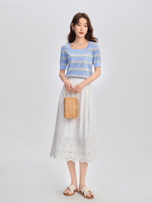 【专属特价】熙世界甜美风方领条纹针织衫女短袖薄款套头冰丝上衣2025夏新款 商品图4