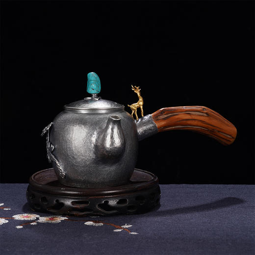 子佩集S999银+崖柏【仙鹿如意】小茶壶摆件【TG0012】2403 商品图3