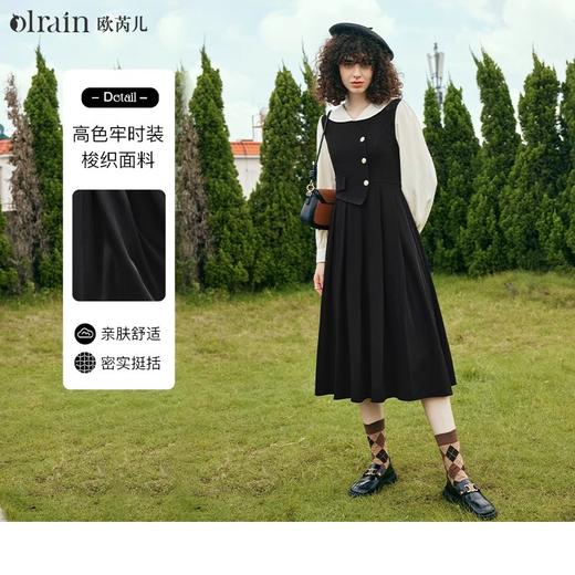 OLrain欧芮儿黑色假两件连衣裙女早春2024新款收腰法式娃娃领裙子 商品图0