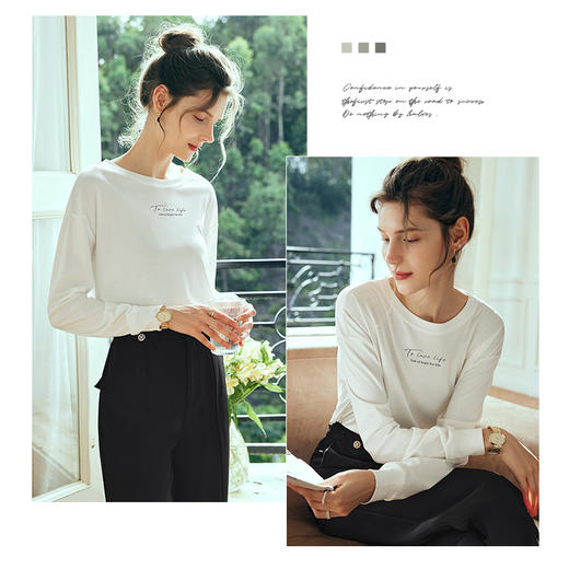 OLrain欧芮儿法式白色长袖T恤女春季2024年新款宽松字母印花上衣 商品图3