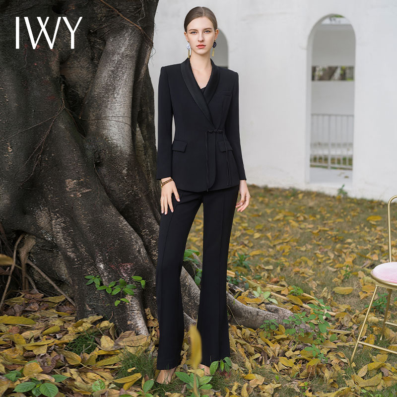 IWY/高端新中式国风黑色西装套装醋酸春修身高级感西服外套女CP2078
