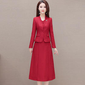 QYM-1692红色两件套长袖连衣裙春秋季女装西装小外套中长款连衣裙婚宴套装