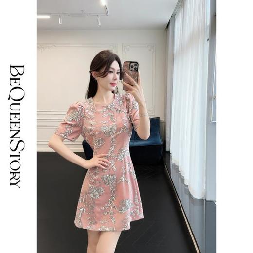 BeQueenStory【漫花千金】重工设计感新中式圆领收腰A摆连衣裙短裙 商品图0