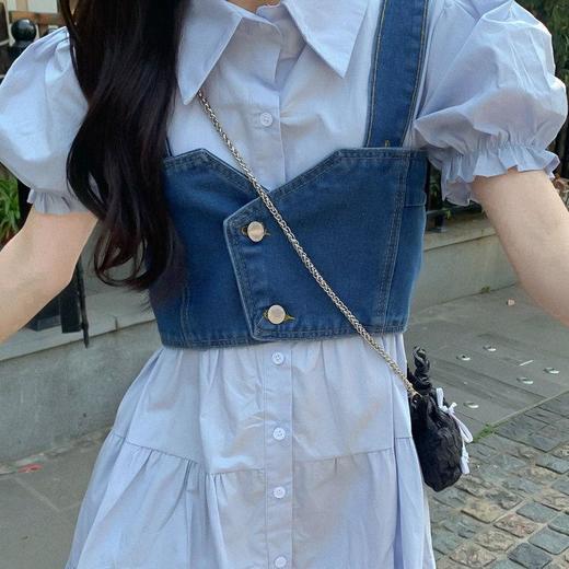 【G商品推广】夏季甜辣风牛仔吊带泡泡袖衬衣套装 商品图1