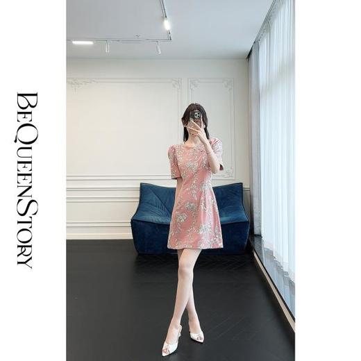 BeQueenStory【漫花千金】重工设计感新中式圆领收腰A摆连衣裙短裙 商品图2