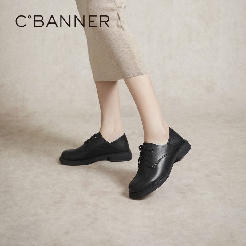 千百度低跟真皮牛津鞋春季软面小皮鞋女黑色系带单鞋两穿A24183906