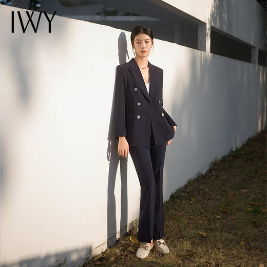 IWY/春季新款藏青色西装套装修身微喇裤职场商务干练修身高级西服C13102+P31356 商品图4