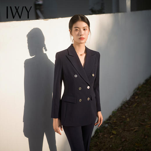 IWY/春季新款藏青色西装套装修身微喇裤职场商务干练修身高级西服C13102+P31356 商品图1