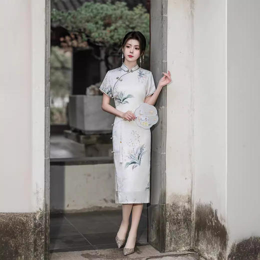 春夏款提花中国风复古素雅印花修身显瘦旗袍裙JLM6005 商品图4