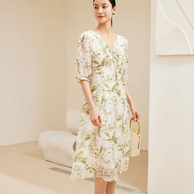 玳莎系带抽褶V领连衣裙2024年夏季新款显瘦印花五分袖中长款裙子  EB35201