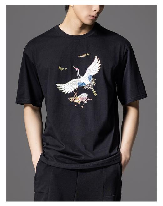 PINLI品立新中式2024夏季新款男仙鹤祥云烫钻短袖T恤BG242111024 商品图6